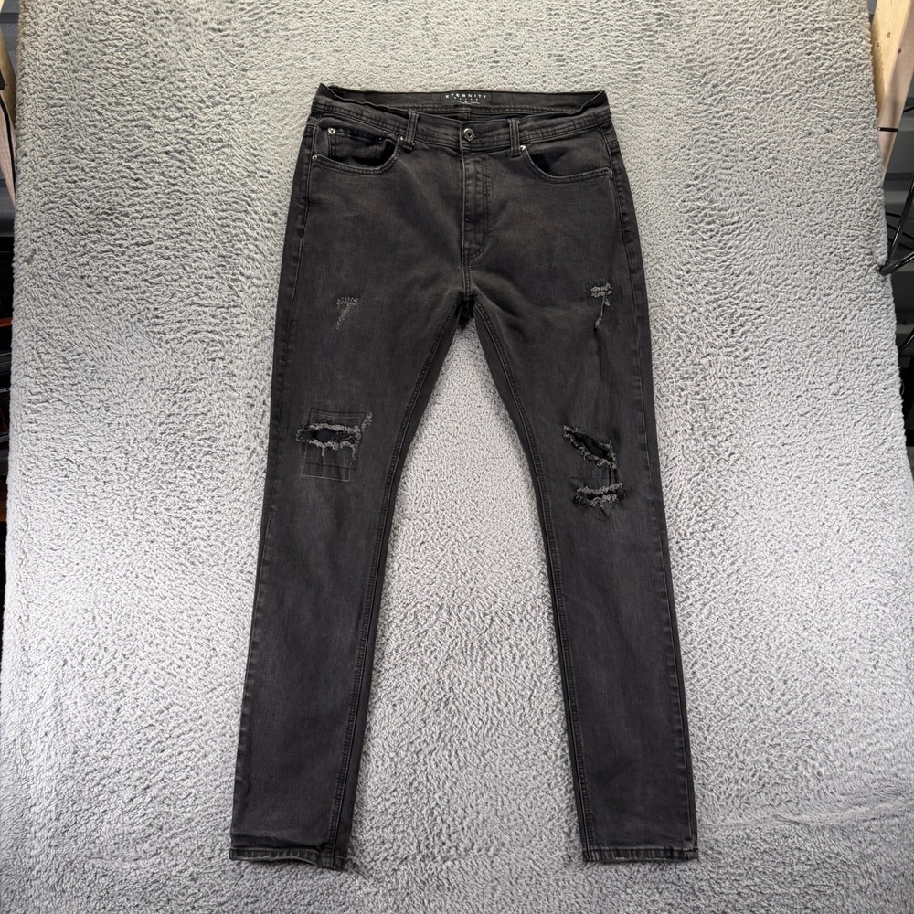 Eternity Jeans Men 34x32 Black Cotton Denim Skinny Workwear Distressed Stretch